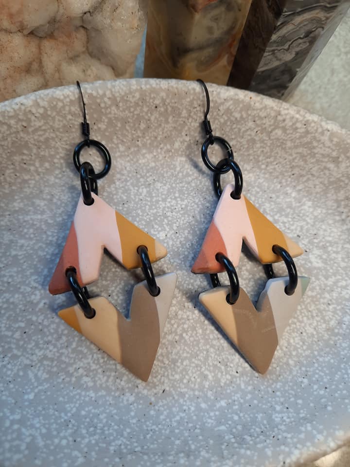 Love triangle dangle handmade earrings polymer clay earthy
