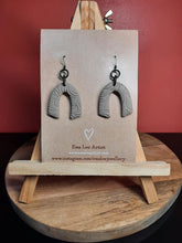 Load image into Gallery viewer, Linen rainbow dangle handmade earrings polymer clay earthy
