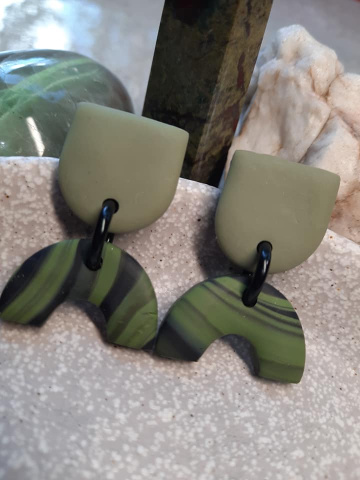 Eco green stud handmade earrings polymer clay earthy