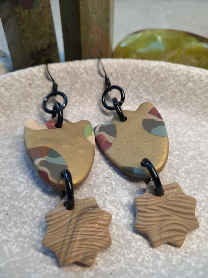 Glowing golden sun dangle handmade earrings polymer clay earthy