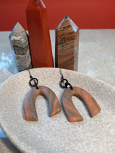 Load image into Gallery viewer, Spicy orange rainbow dangle handmade earrings polymer clay earthy
