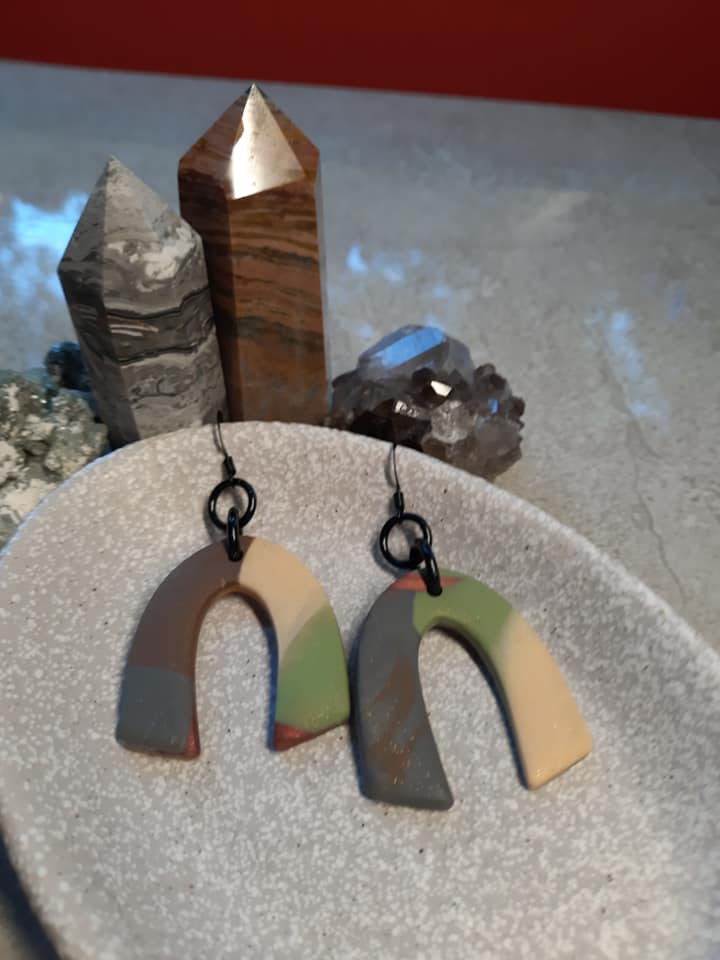 Sage grey rainbow dangle handmade earrings polymer clay earthy