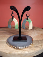 Load image into Gallery viewer, Sage grey rainbow dangle handmade earrings polymer clay earthy

