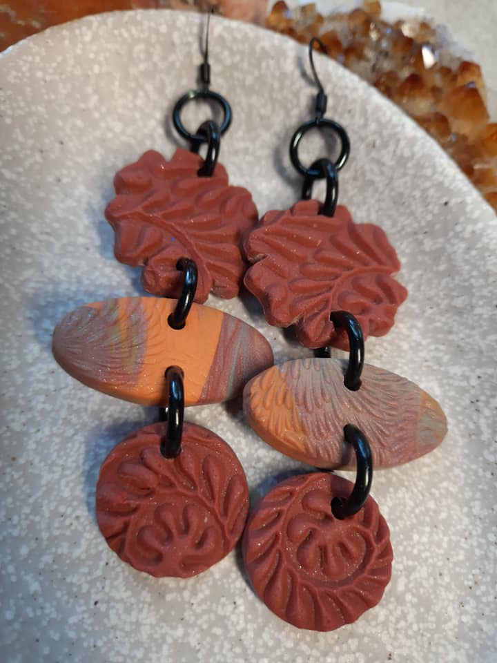 Rust flower dangle handmade earrings polymer clay earthy
