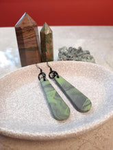 Load image into Gallery viewer, Palace green dangle handmade earrings polymer clay earthy
