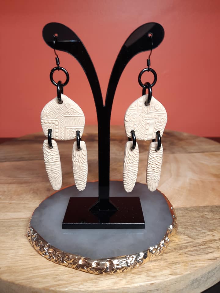 Tan aztec dangle handmade earrings polymer clay earthy