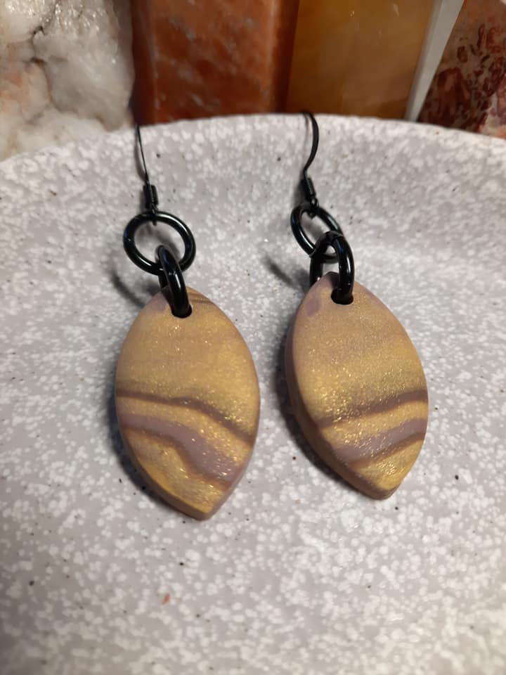 Gold leaf dangle handmade earrings polymer clay earthy