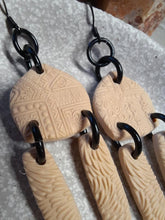 Load image into Gallery viewer, Tan aztec dangle handmade earrings polymer clay earthy
