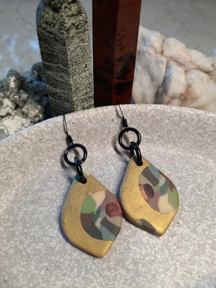 SALE Golden rays dangle handmade earrings polymer clay earthy