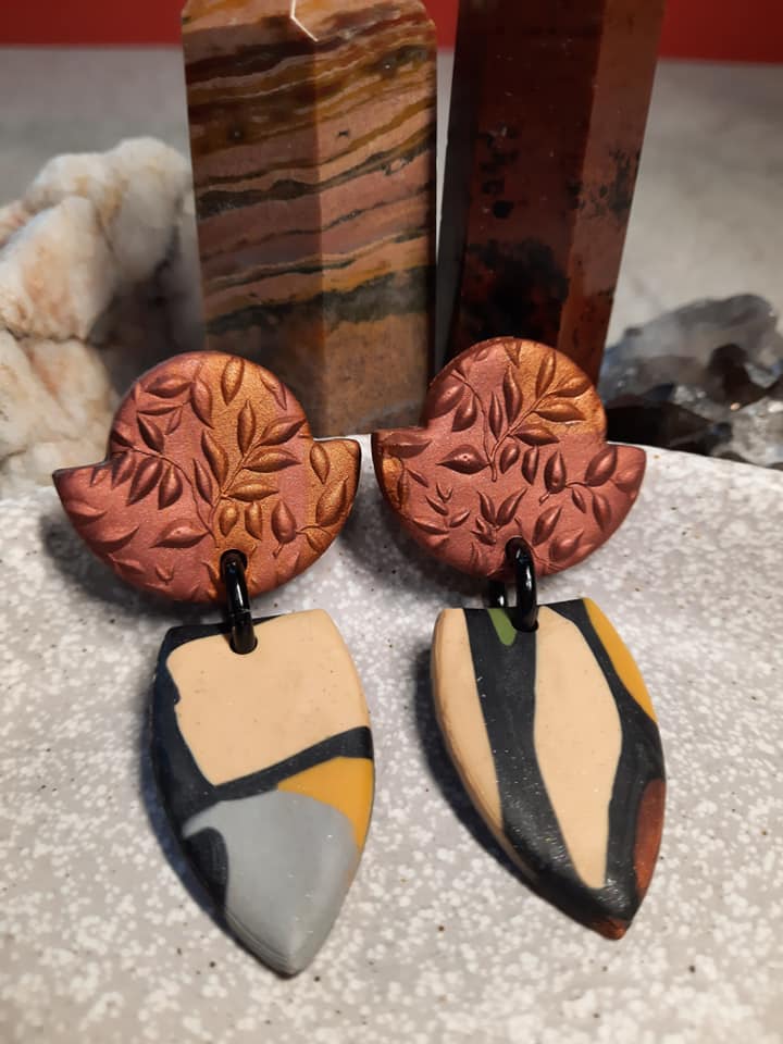 Nature & copper stud handmade earrings polymer clay earthy