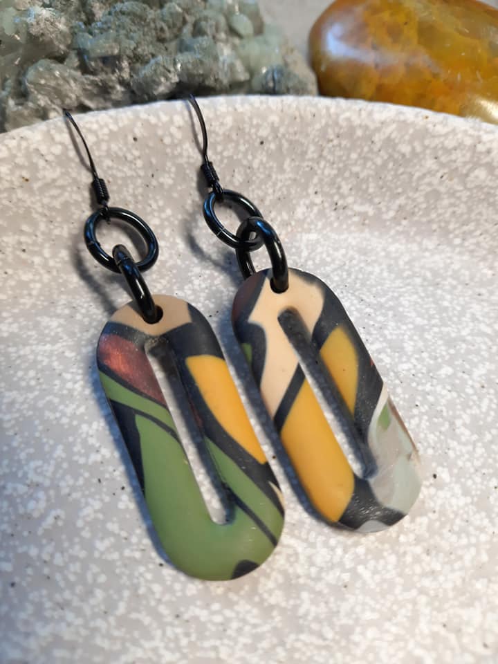 Hazelwood oval dangle handmade earrings polymer clay earthy