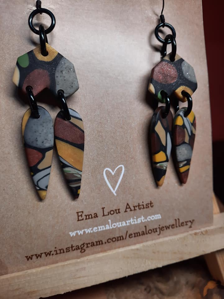 Slate hearts dangle handmade earrings polymer clay earthy