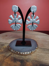 Load image into Gallery viewer, Silver glitter lotus sun dangle handmade earrings polymer clay earthy
