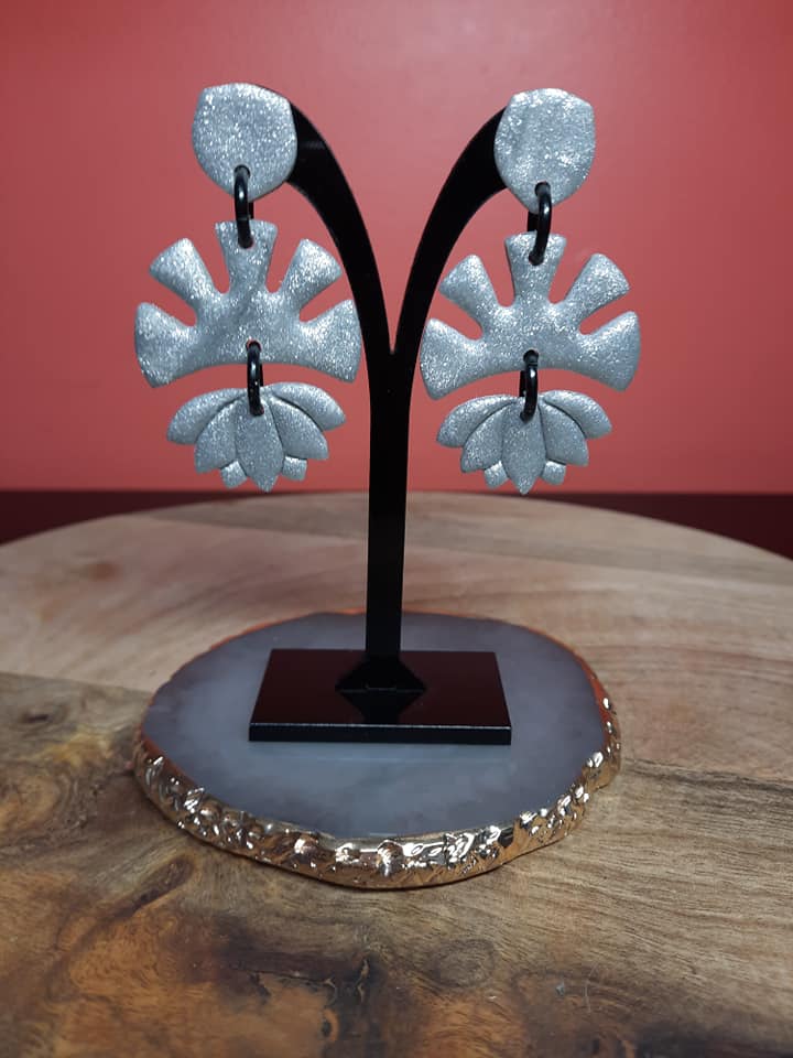 Silver glitter lotus sun dangle handmade earrings polymer clay earthy