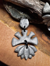 Load image into Gallery viewer, Silver glitter lotus sun dangle handmade earrings polymer clay earthy
