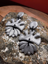 Load image into Gallery viewer, Silver glitter lotus sun dangle handmade earrings polymer clay earthy
