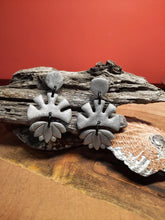 Load image into Gallery viewer, Silver glitter lotus sun dangle handmade earrings polymer clay earthy

