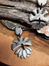 Load image into Gallery viewer, Silver glitter lotus sun dangle handmade earrings polymer clay earthy
