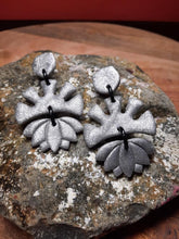 Load image into Gallery viewer, Silver glitter lotus sun dangle handmade earrings polymer clay earthy
