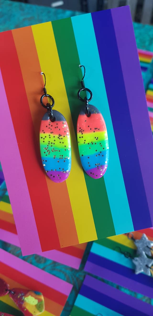 Rainbow rave handmade glitter polymer clay earrings